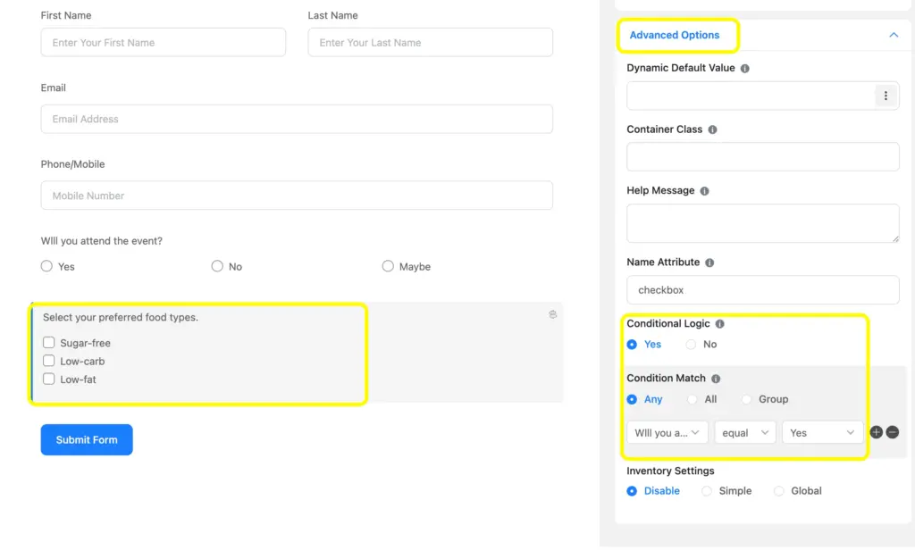 Using the advanced options of the Fluent Forms input customization, you can add conditional logic based on the responses.