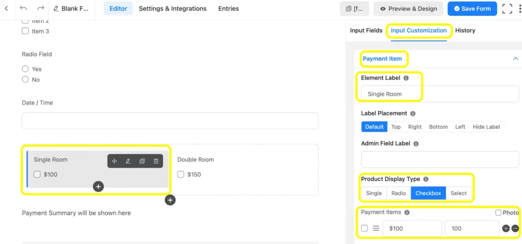 Easily add and customize Fluent Forms payment fields. Add the payment item and select the product display type.