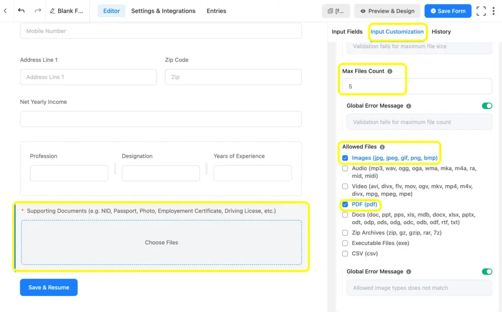 Fluent Forms has its built-in file upload system and you can allow users upload image, audio, video, pdf, docs, zip, CSV, etc. files.