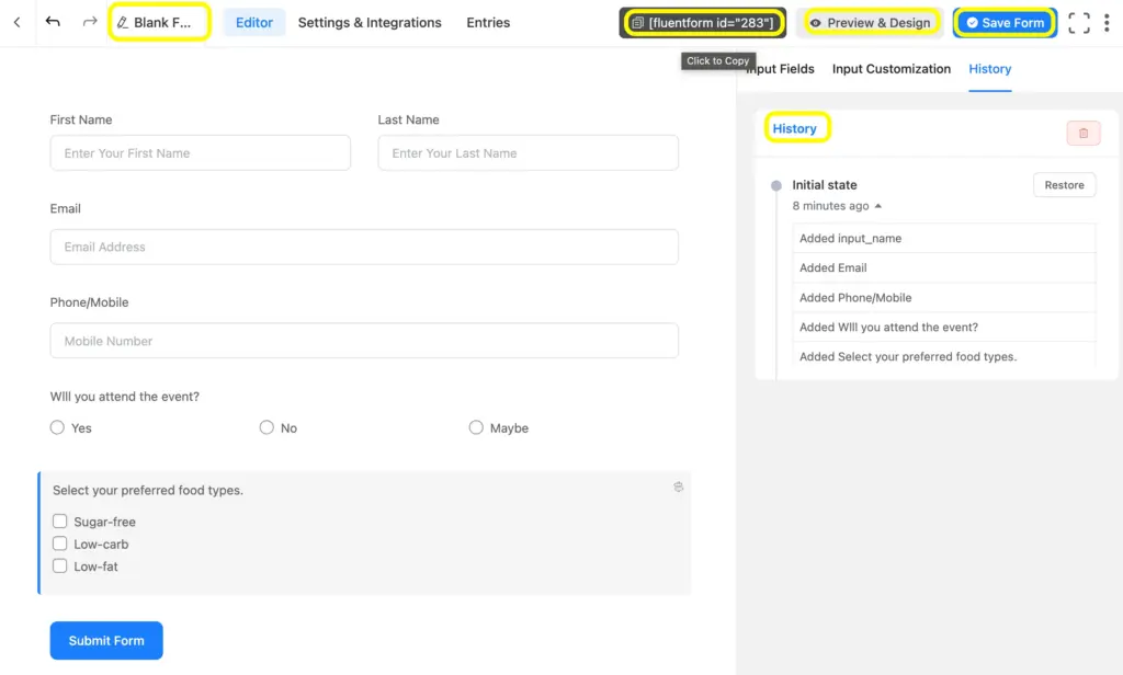 Easily save, rename, and check preview of a form on WordPress, form the editor page of Fluent Forms. You can publish the form to any page or post using the shortcode.