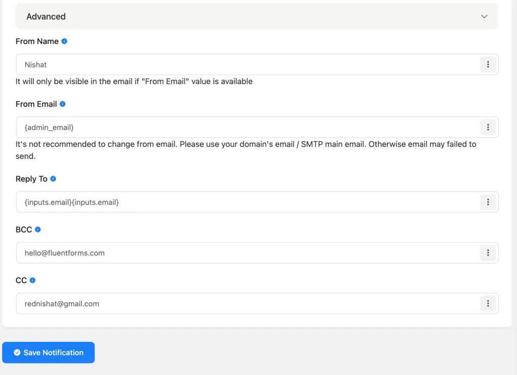 In the advanced option of Fluent Forms's confirmation email notification settings, you can add the from email, reply to email, bcc and cc.