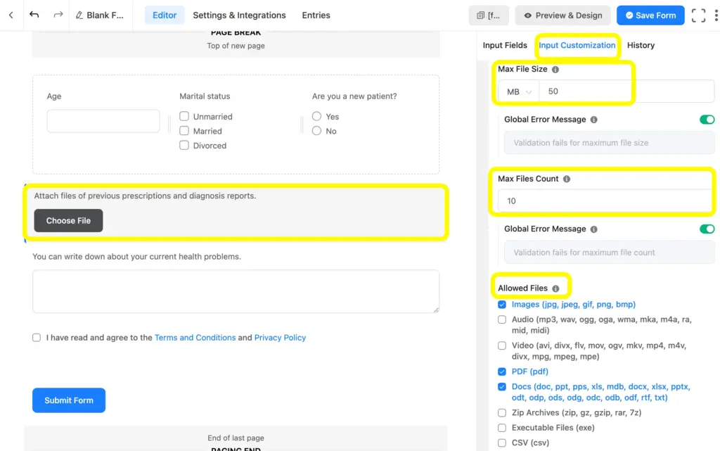 In Fluent Forms, you can customize fields such as the upload files field. Get the options to control the maximum file size and number, and allowed files while putting a global error message.