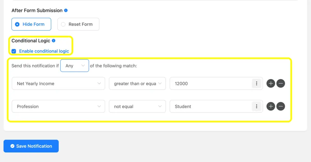 You can enable conditional logic in the confirmation settings in Fluent Forms.