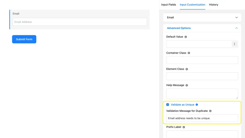 Unique entry validation in Fluent Forms