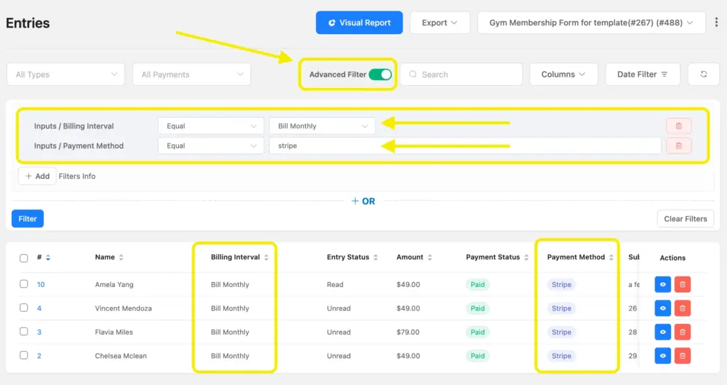Advanced filter with biiling interval and payment method conditions.