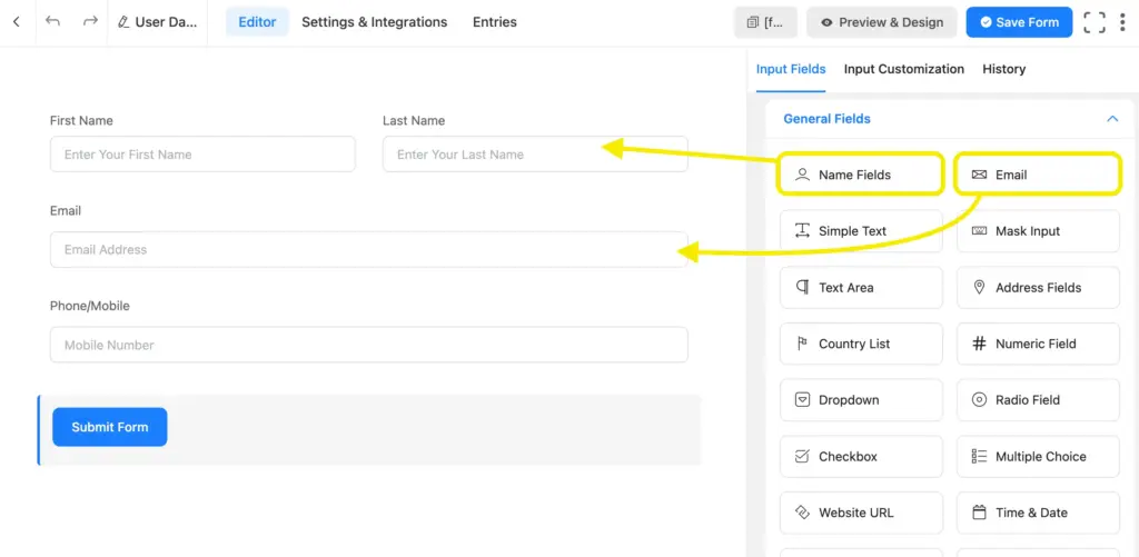 Drag name and email fields for a basic contact form