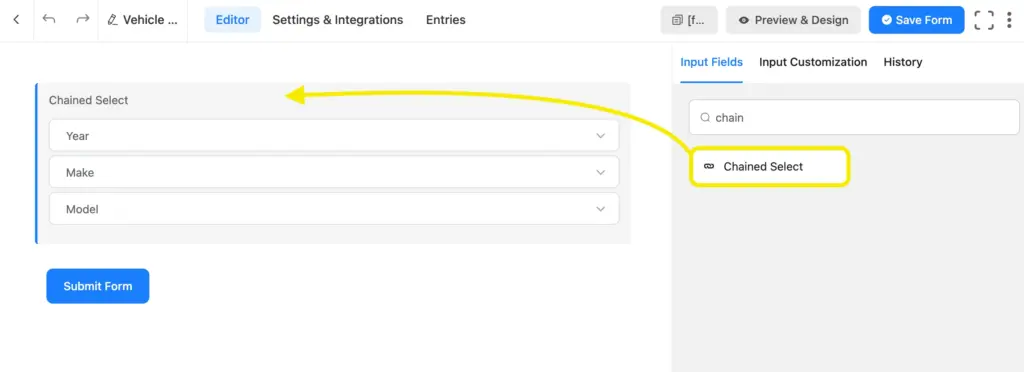 Chained select field for database creation