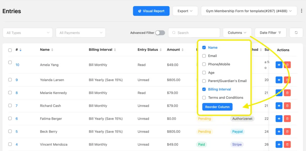 Selecting and reordering columns to preview