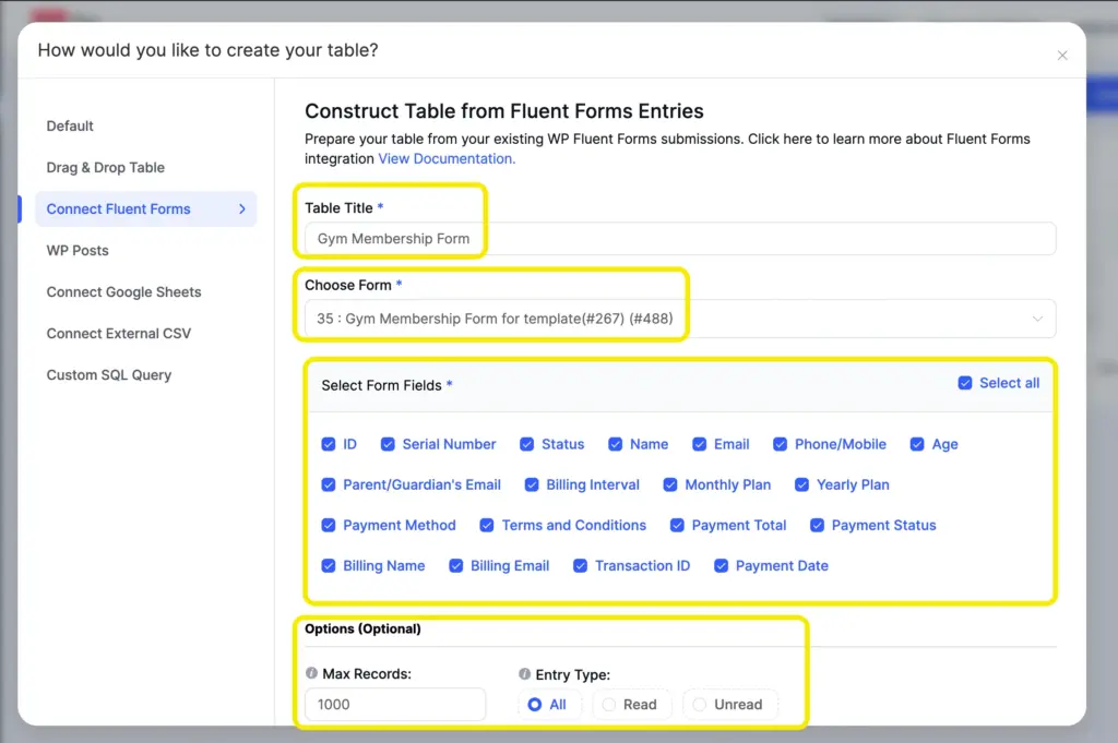 From Ninja Tables, connect option to integrate Fluent Forms