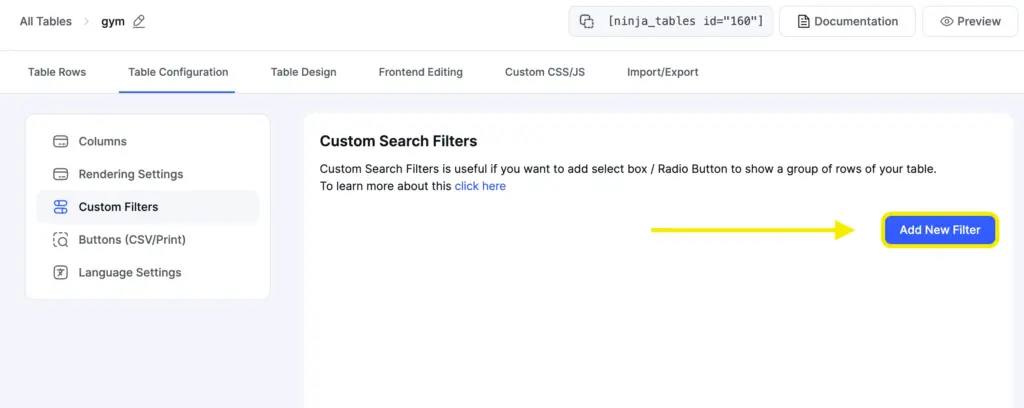 Add New Filter button to create a custom filter