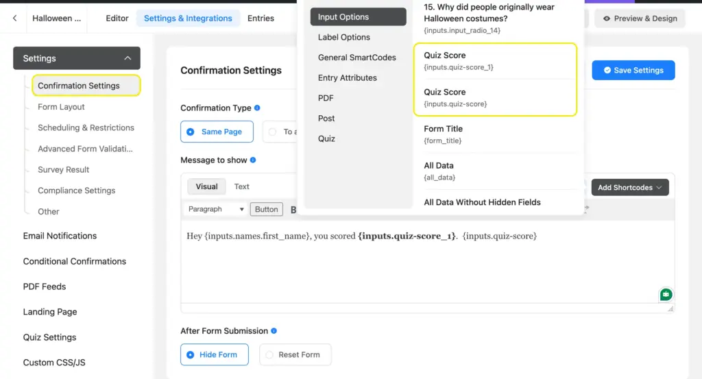 displaying quiz score as confirmation message in Fluent Forms