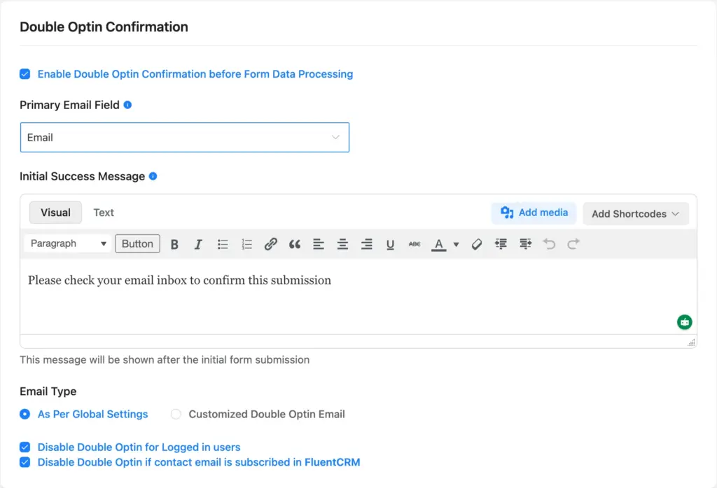 double opt-in confirmation form specific settings