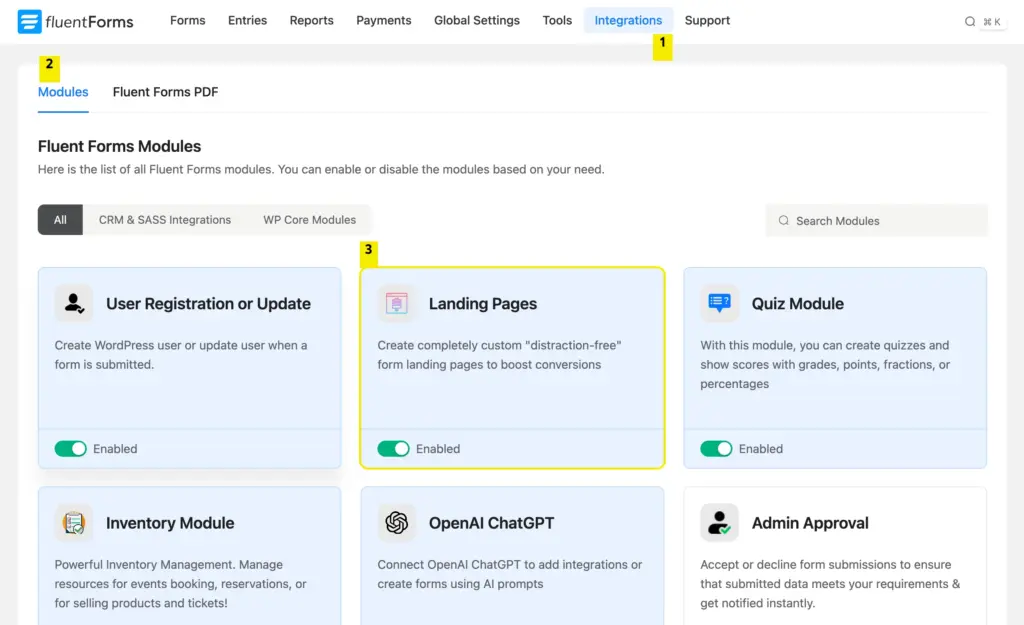 enable Fluent Forms landing page module