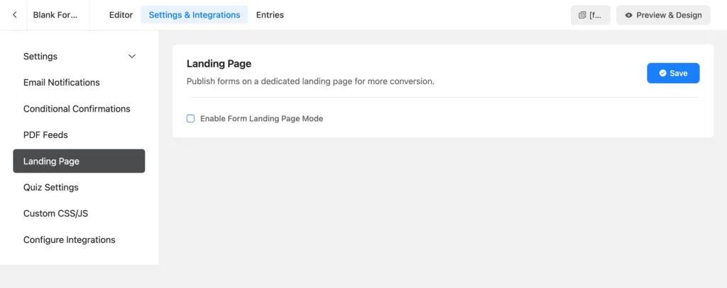 enable form landing page mode