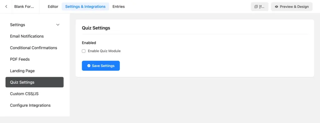 enable quiz module from form settings