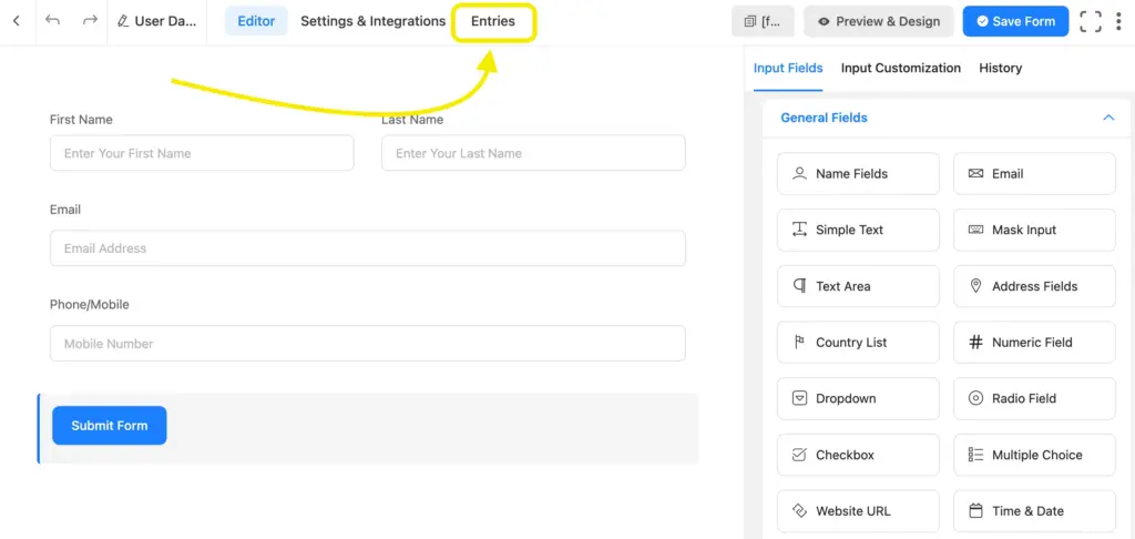 Fluent Forms entries option within the form editor