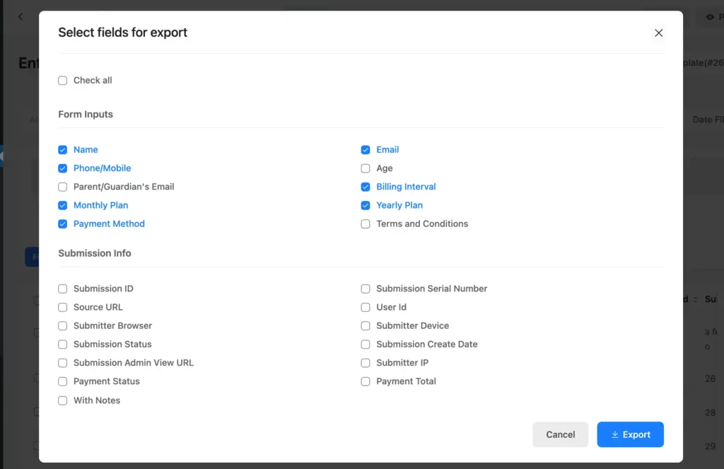 Selecting fields to export entries as csv