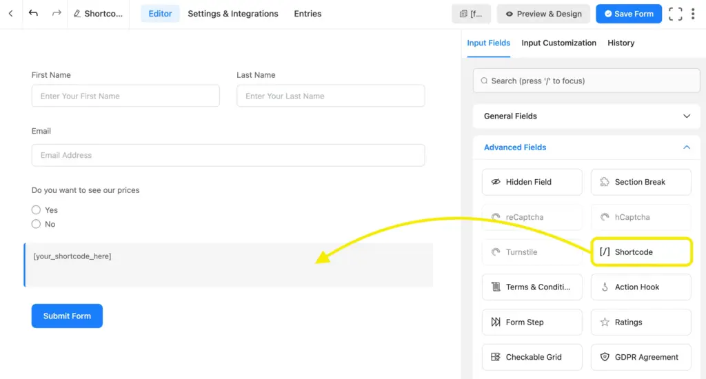 Shortcode input field in Fluent Forms