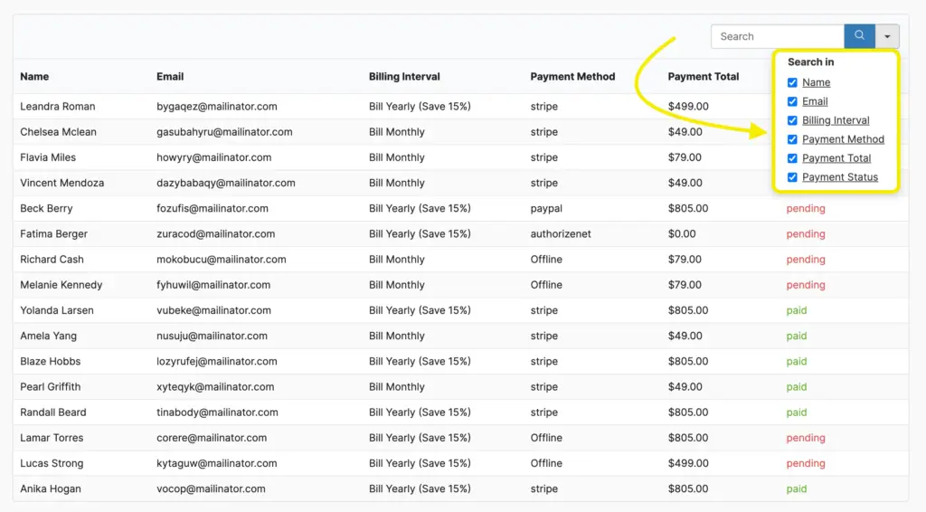 Search filters selection