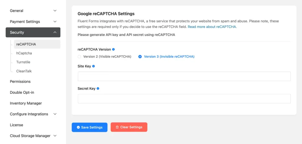 google recaptcha integration with Fluent Forms