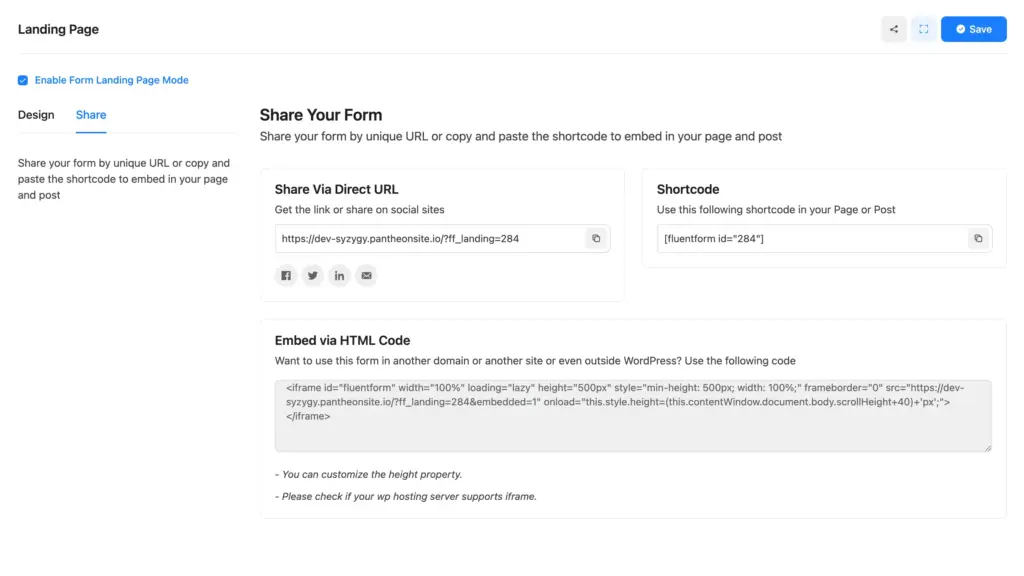 Fluent Forms landing page settings