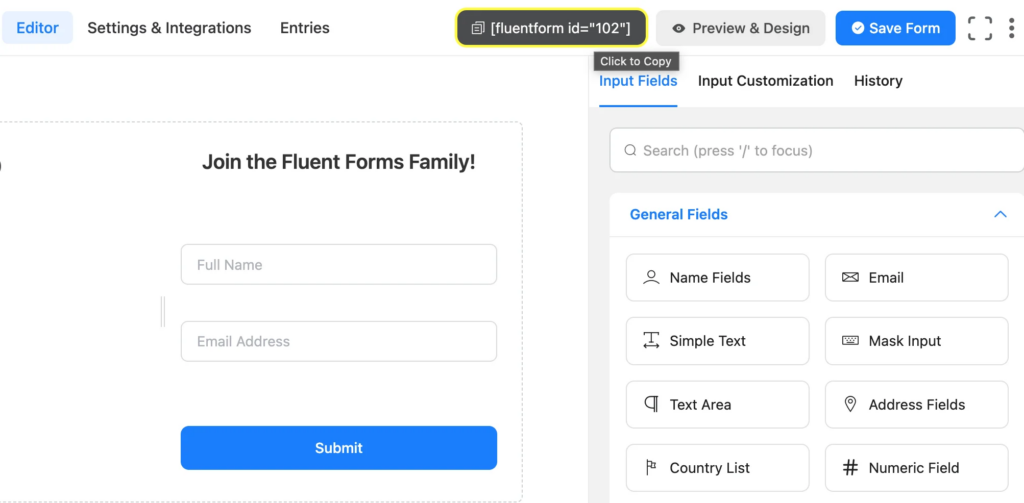 Copy the form shortcode, to use for pop-up