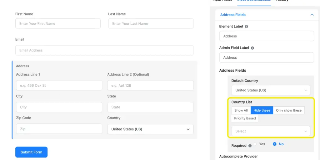 Other Country - show all, hide, only show some, priority based options