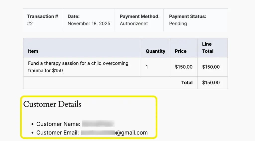 Payment Receipt page for customers - shown using shortcodes