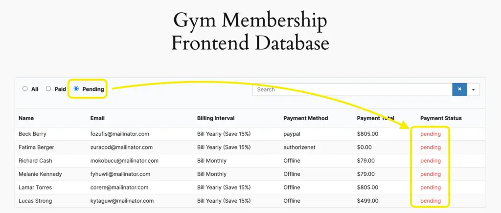 Pending payment status filter