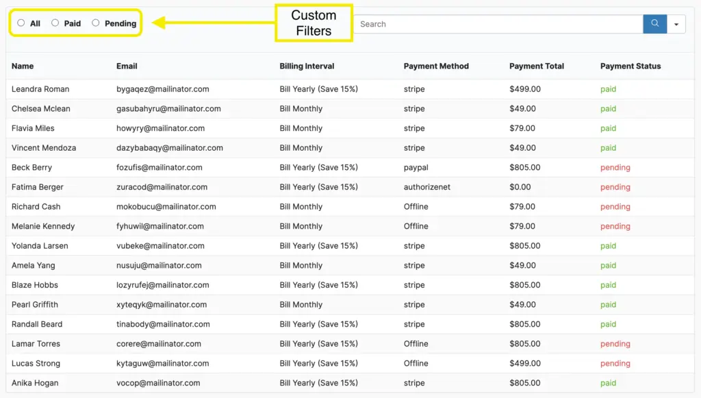 Custom filters over the table header