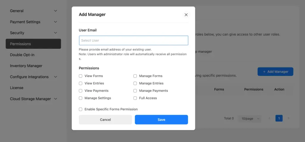 role manager/user permission settings in Fluent Forms