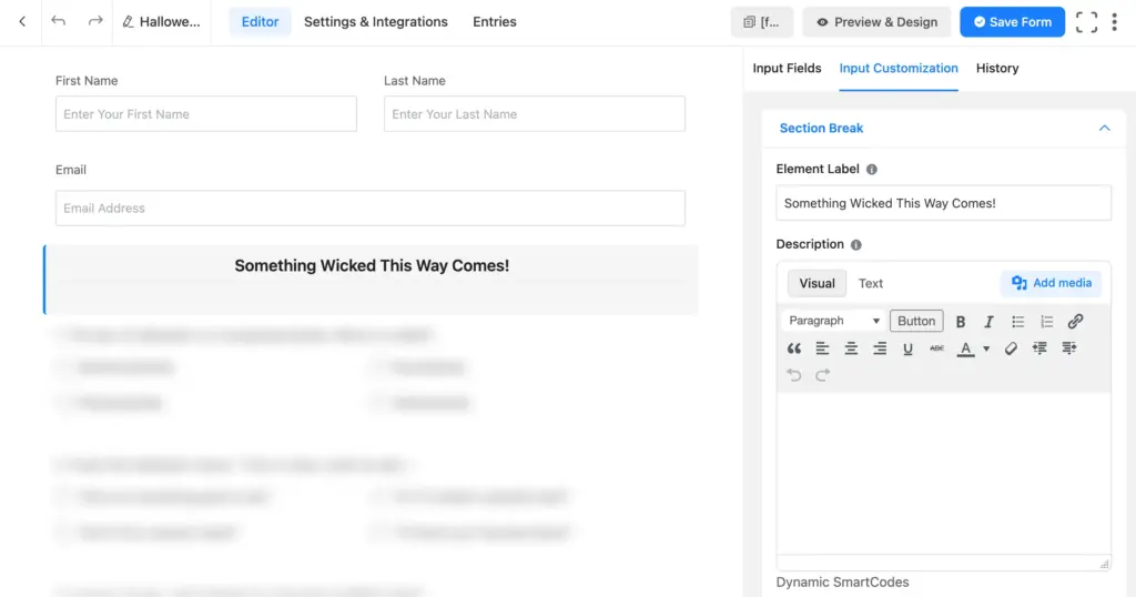 section break field Fluent Forms