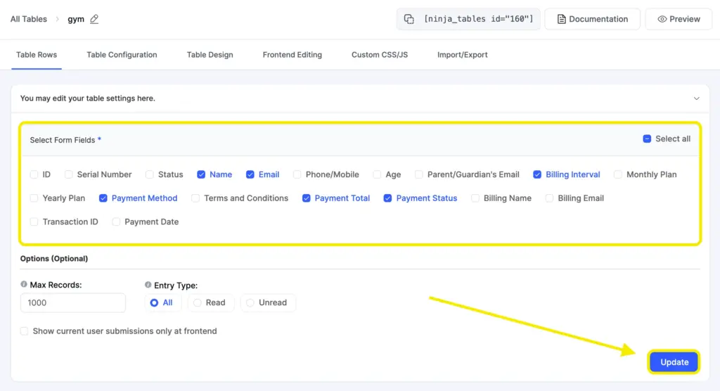 Select data to preview in the table