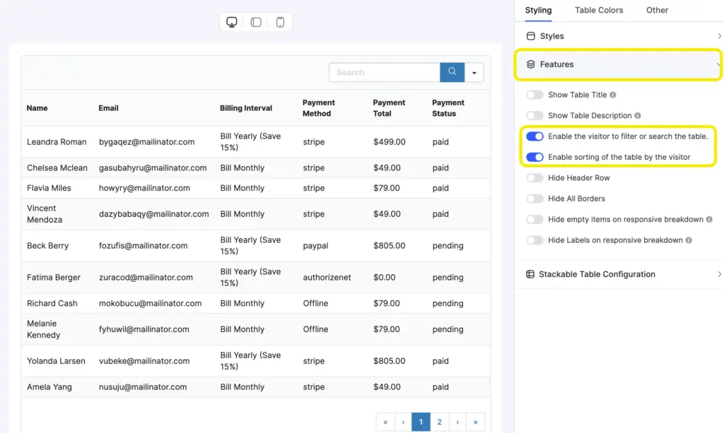 Enable Frontent search and filters from Table design section in Ninja Tables.