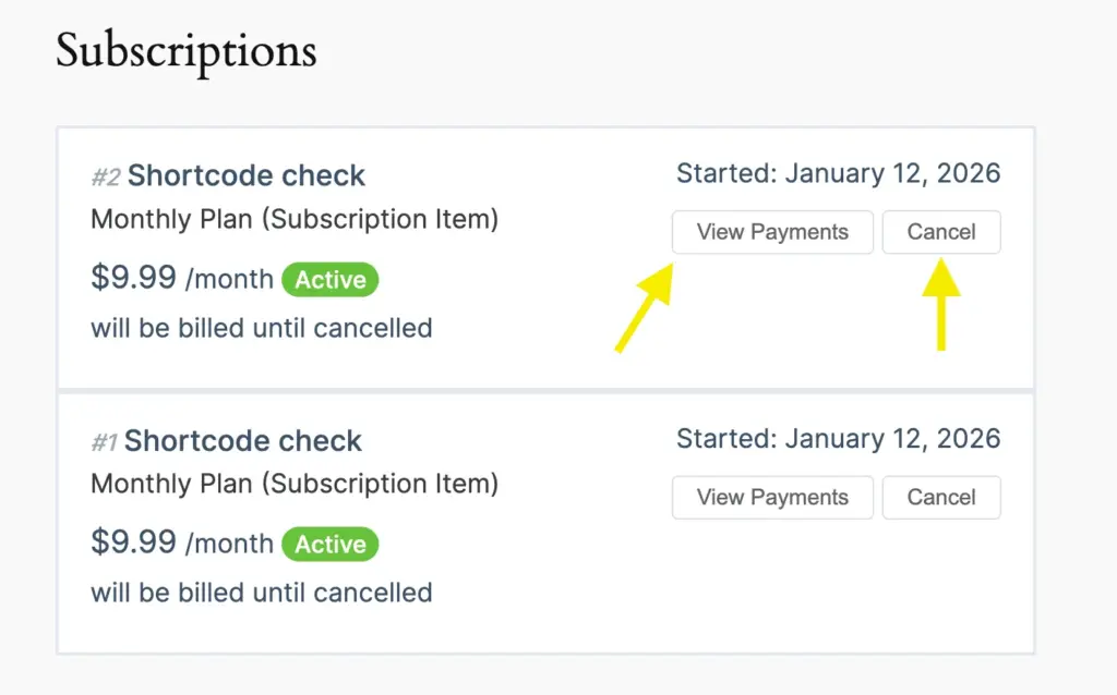Subscriptions- with cancel button, using shortcodes