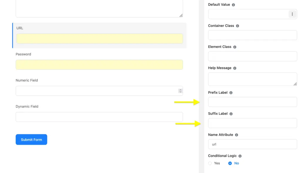 Prefix & Suffix Label in Text, URL & Password Field available in Fluent Forms Free