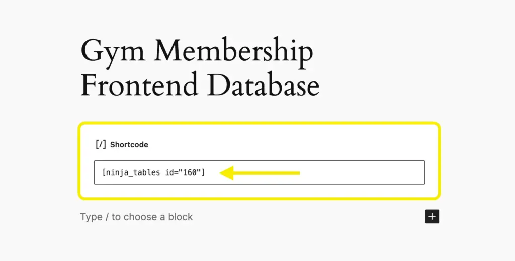 Ninja Tables Shortcodes pasted on a page