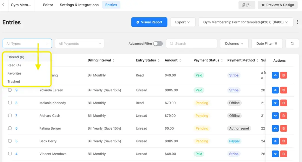 Entry types - Unread, Read, Favorites, Trashed