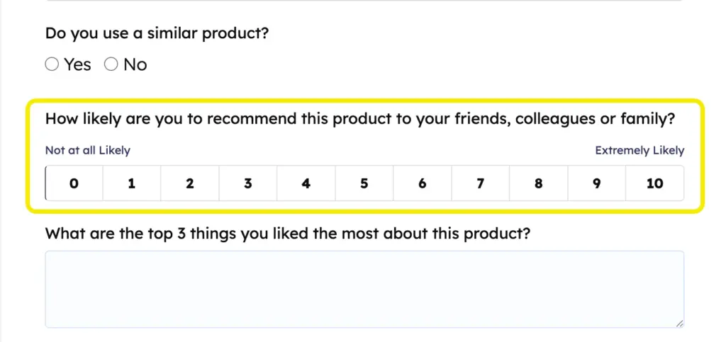 Net promoter score in a product customer satisfaction survey
