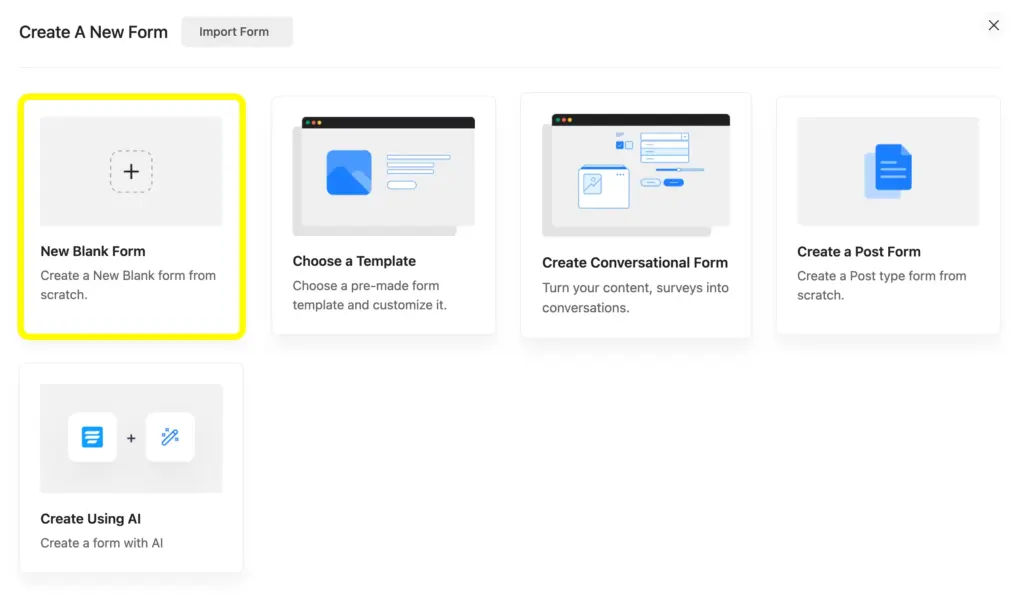 Add a new blank form in WordPress using Fluent Forms: choose a new blank form, template, create a conversational form, or create using AI.