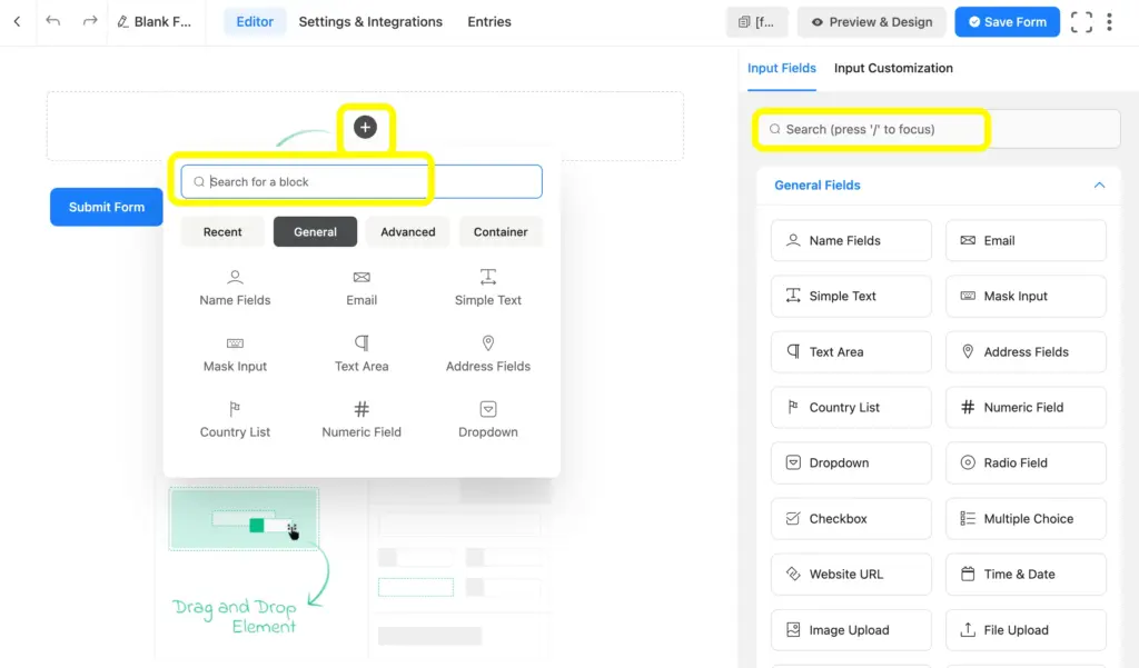 In Fluent Forms, add required fields from the editor page by simply dragging and droppping, searching, or clicking on the field name.