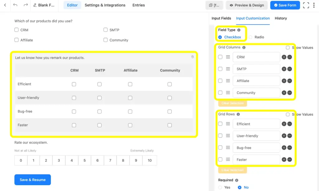 Use checkable grid in Fluent Forms and users rapidly select fields to provide their opinion.
