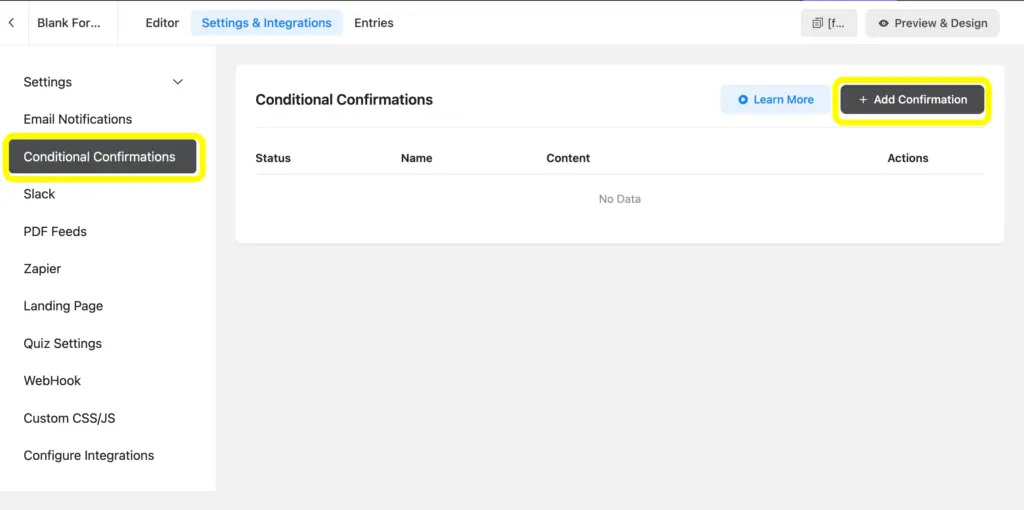 Set up conditional confirmations in Fluent Forms eaily using the Settings and Integrations page.