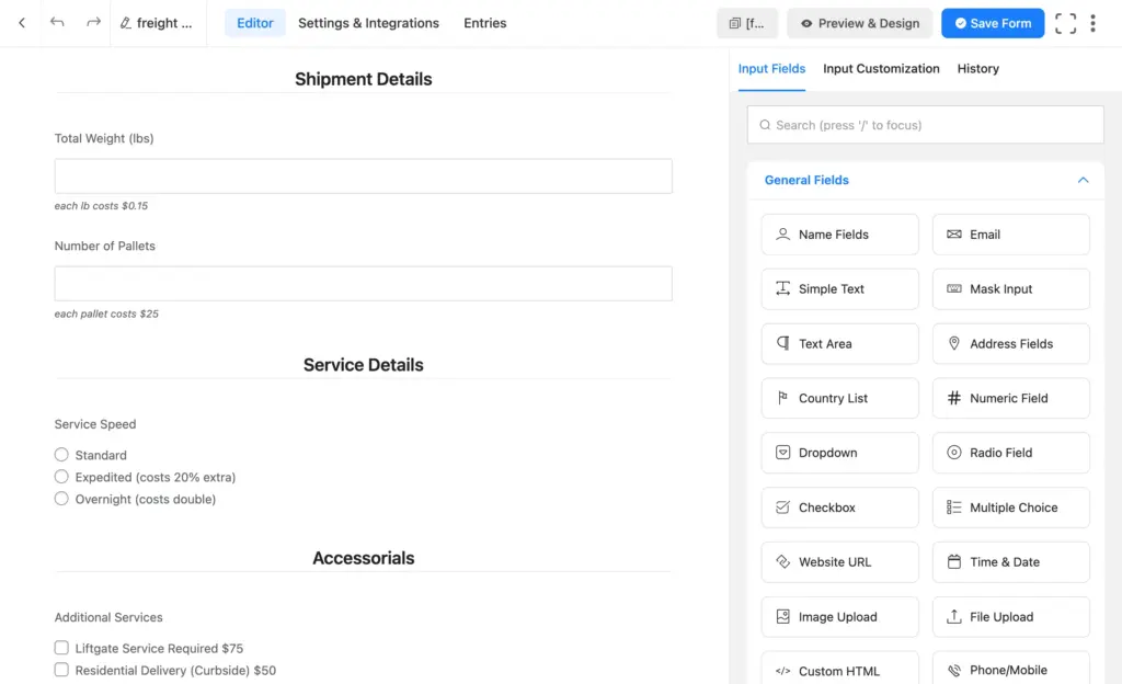 add fields to freight quote calculator