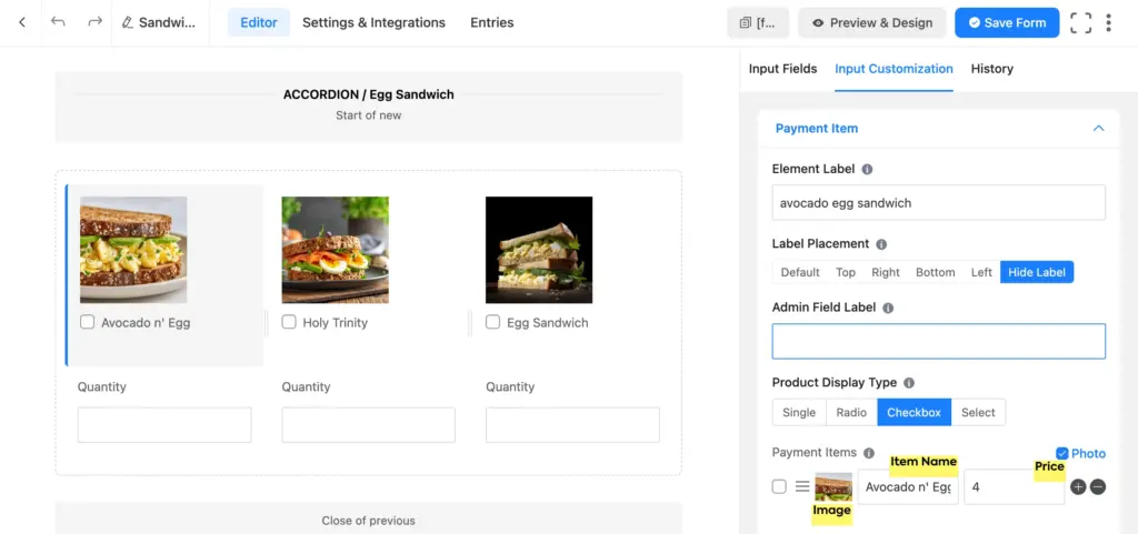 configure payment item field with the name, price, and image