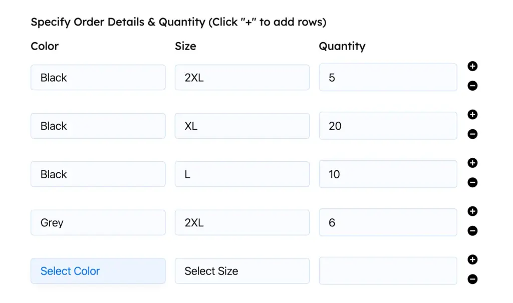 use repeat fields to collect color-size-quantity for bulk orders