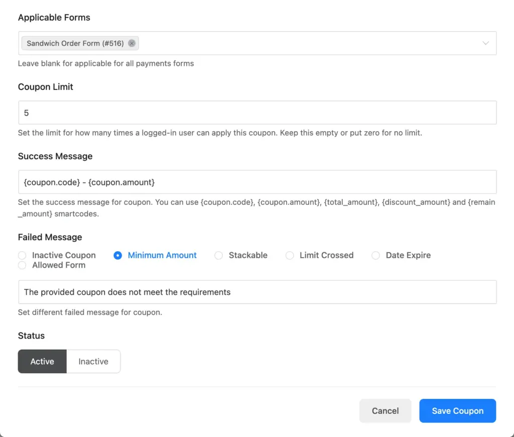 Advanced coupon settings in Fluent Forms
