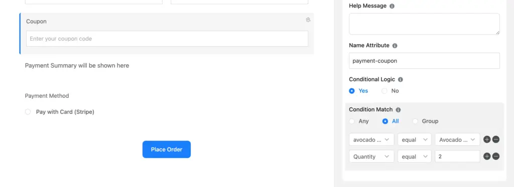 Apply conditional logic to show or hide the coupon field based on user input