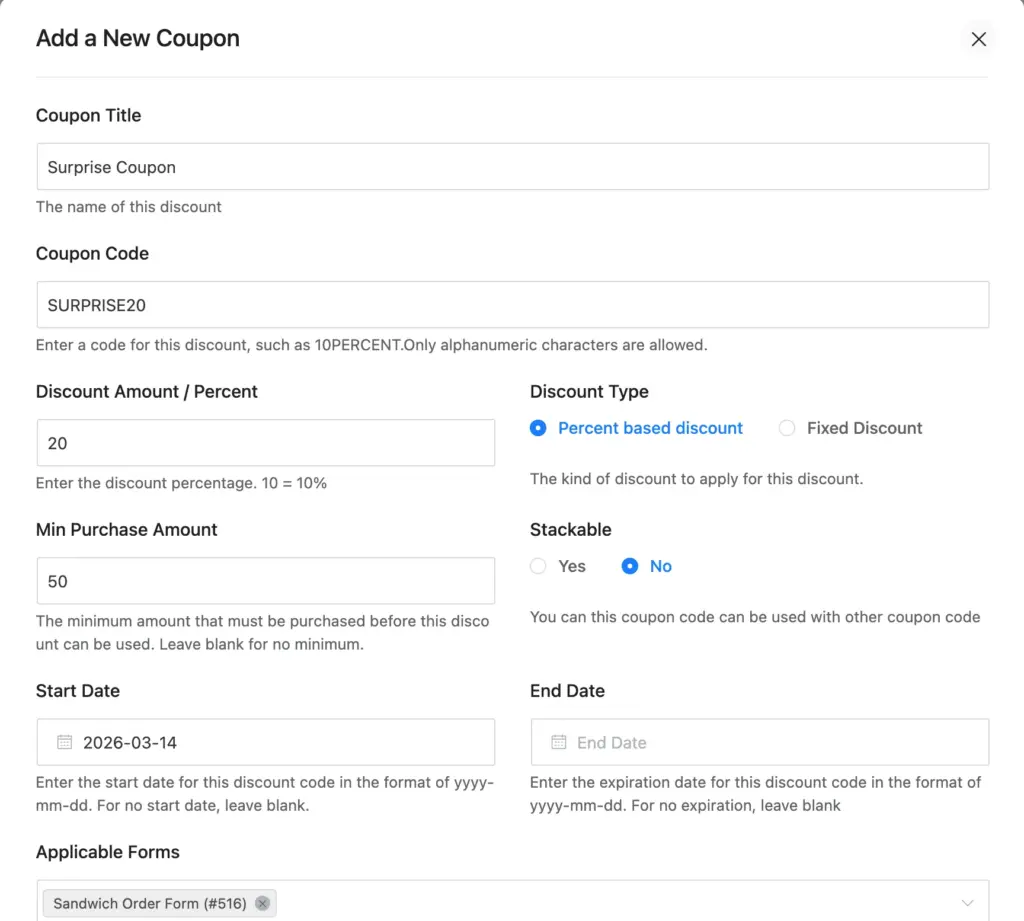 Creating a coupon in Fluent Forms