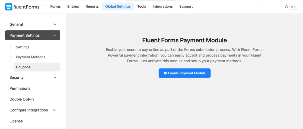 Enable Fluent Forms Payment Module to use coupons